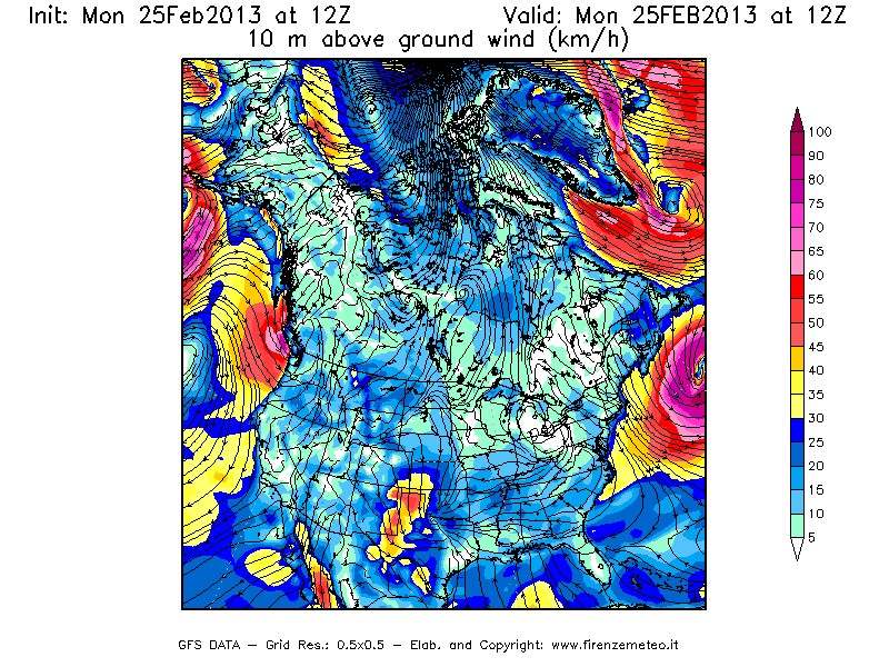 Mappa di analisi GFS - Velocità del vento a 10 metri dal suolo [km/h] in Nord-America
							del 25/02/2013 12 <!--googleoff: index-->UTC<!--googleon: index-->