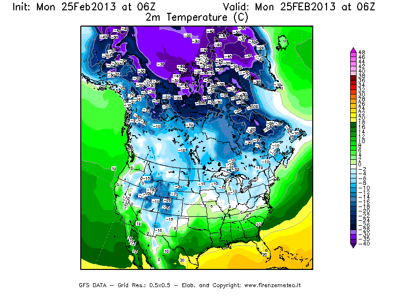 Mappa di analisi GFS - Temperatura a 2 metri dal suolo [°C] in Nord-America
							del 25/02/2013 06 <!--googleoff: index-->UTC<!--googleon: index-->