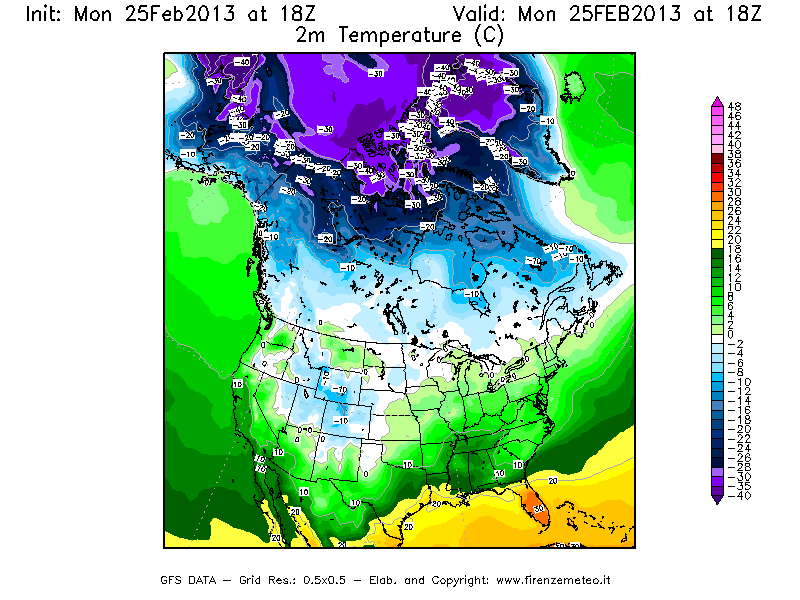 Mappa di analisi GFS - Temperatura a 2 metri dal suolo [°C] in Nord-America
									del 25/02/2013 18 <!--googleoff: index-->UTC<!--googleon: index-->