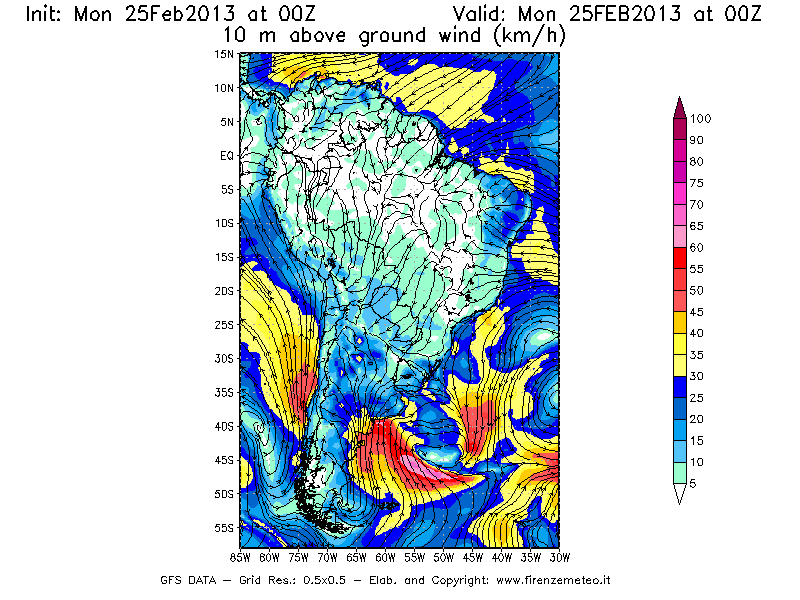Mappa di analisi GFS - Velocità del vento a 10 metri dal suolo [km/h] in Sud-America
									del 25/02/2013 00 <!--googleoff: index-->UTC<!--googleon: index-->