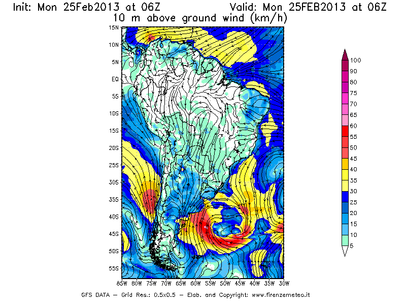 Mappa di analisi GFS - Velocità del vento a 10 metri dal suolo [km/h] in Sud-America
							del 25/02/2013 06 <!--googleoff: index-->UTC<!--googleon: index-->
