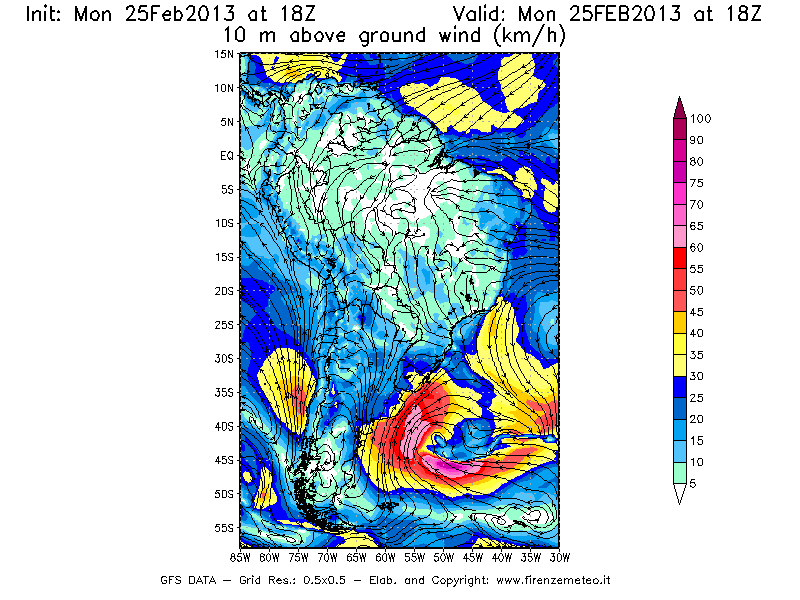 Mappa di analisi GFS - Velocità del vento a 10 metri dal suolo [km/h] in Sud-America
									del 25/02/2013 18 <!--googleoff: index-->UTC<!--googleon: index-->