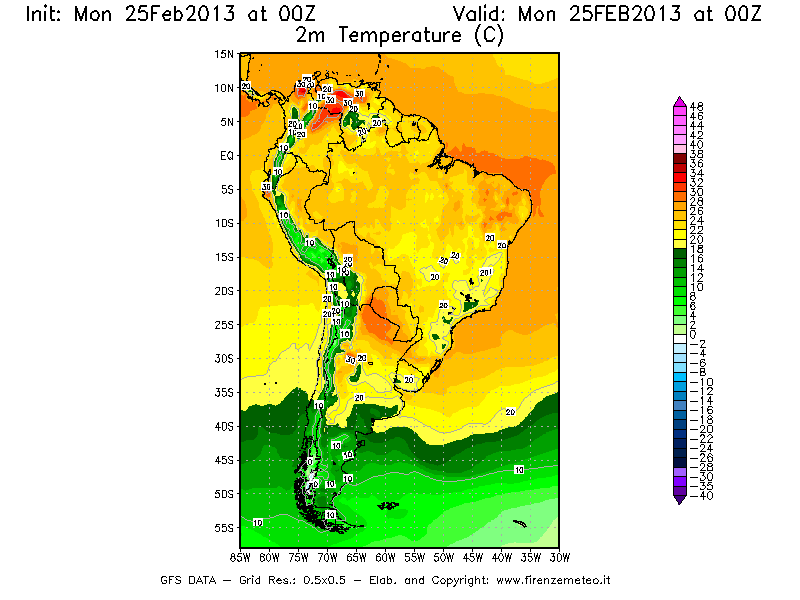 Mappa di analisi GFS - Temperatura a 2 metri dal suolo [°C] in Sud-America
									del 25/02/2013 00 <!--googleoff: index-->UTC<!--googleon: index-->