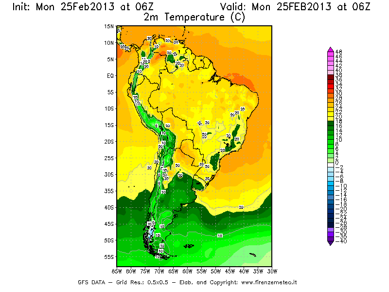Mappa di analisi GFS - Temperatura a 2 metri dal suolo [°C] in Sud-America
							del 25/02/2013 06 <!--googleoff: index-->UTC<!--googleon: index-->