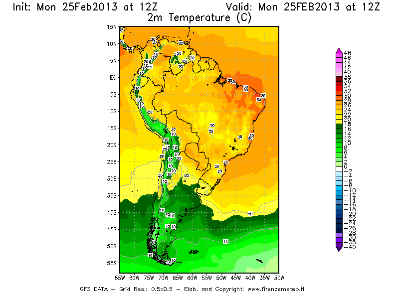 Mappa di analisi GFS - Temperatura a 2 metri dal suolo [°C] in Sud-America
							del 25/02/2013 12 <!--googleoff: index-->UTC<!--googleon: index-->