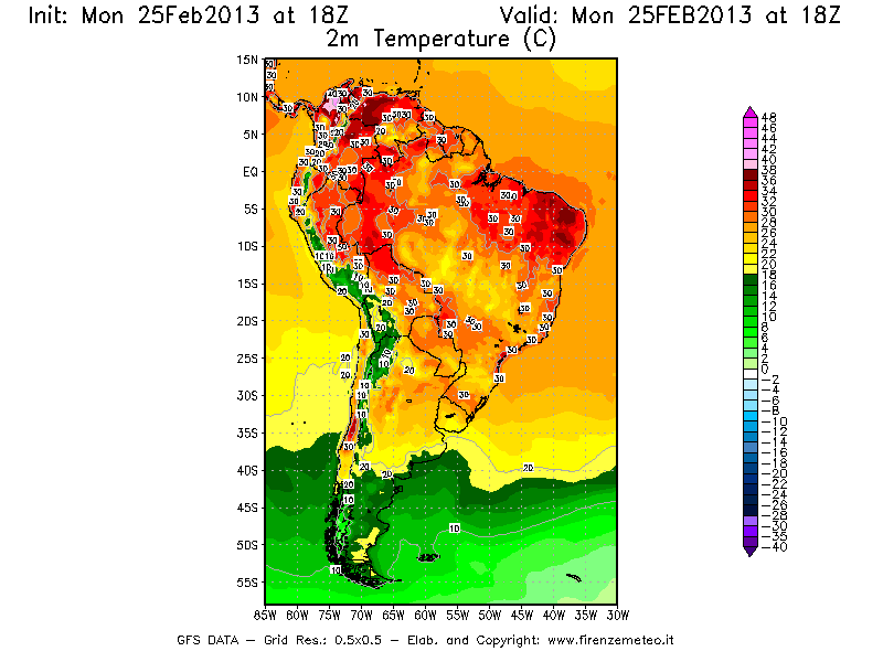 Mappa di analisi GFS - Temperatura a 2 metri dal suolo [°C] in Sud-America
							del 25/02/2013 18 <!--googleoff: index-->UTC<!--googleon: index-->