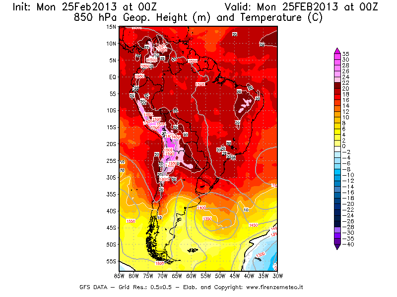 Mappa di analisi GFS - Geopotenziale [m] e Temperatura [°C] a 850 hPa in Sud-America
									del 25/02/2013 00 <!--googleoff: index-->UTC<!--googleon: index-->