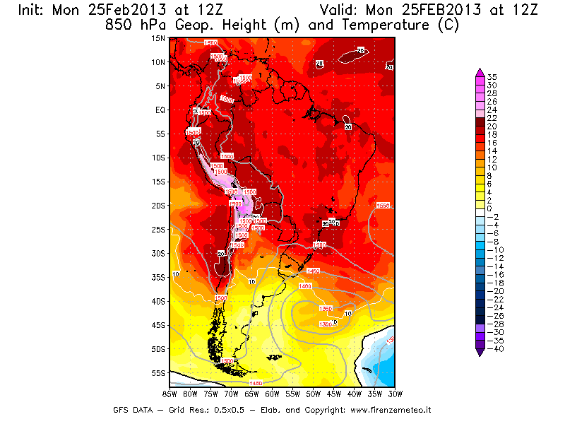 Mappa di analisi GFS - Geopotenziale [m] e Temperatura [°C] a 850 hPa in Sud-America
							del 25/02/2013 12 <!--googleoff: index-->UTC<!--googleon: index-->