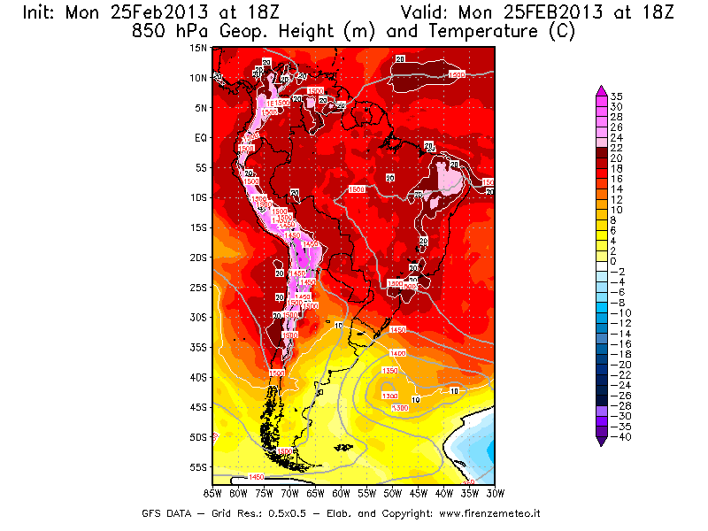 Mappa di analisi GFS - Geopotenziale [m] e Temperatura [°C] a 850 hPa in Sud-America
									del 25/02/2013 18 <!--googleoff: index-->UTC<!--googleon: index-->