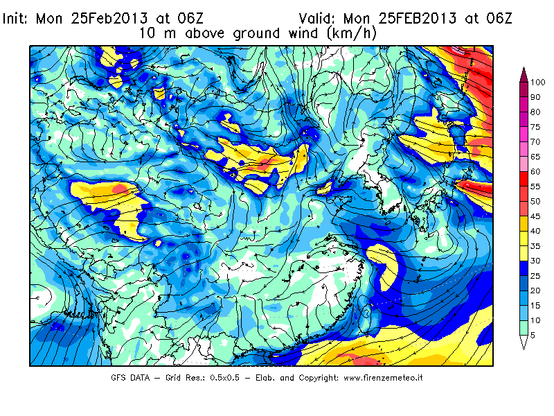Mappa di analisi GFS - Velocità del vento a 10 metri dal suolo [km/h] in Asia Orientale
							del 25/02/2013 06 <!--googleoff: index-->UTC<!--googleon: index-->