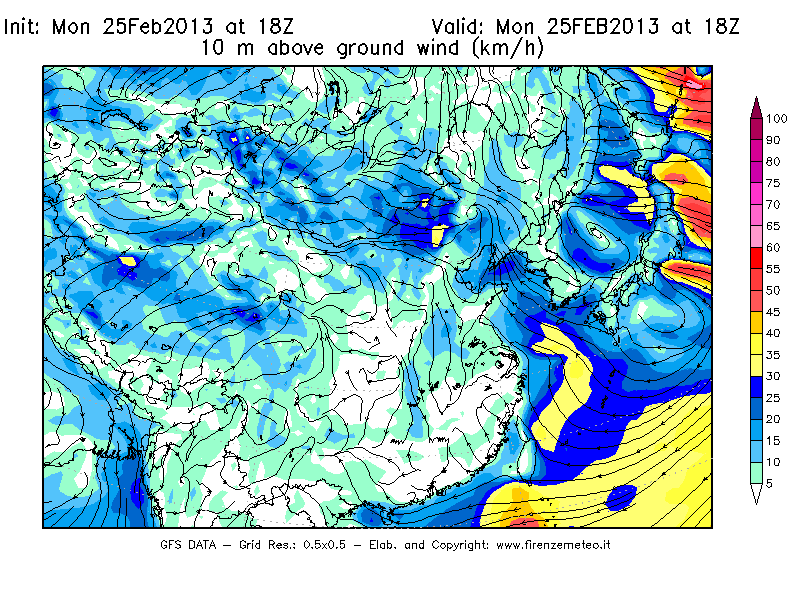 Mappa di analisi GFS - Velocità del vento a 10 metri dal suolo [km/h] in Asia Orientale
							del 25/02/2013 18 <!--googleoff: index-->UTC<!--googleon: index-->