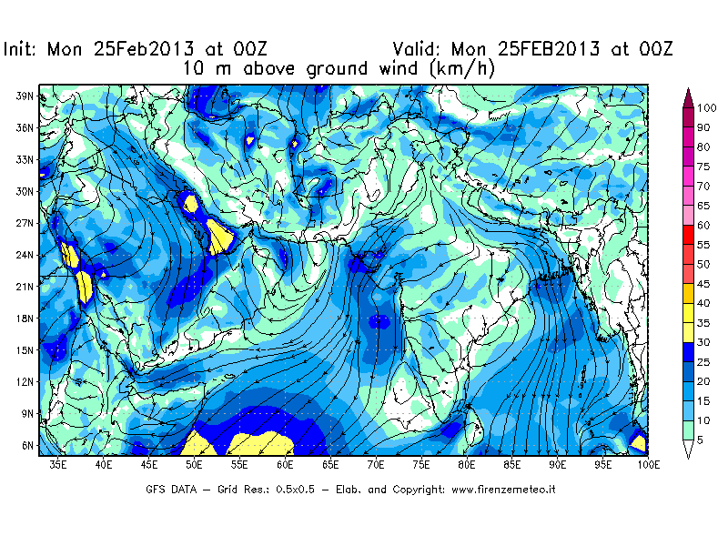 Mappa di analisi GFS - Velocità del vento a 10 metri dal suolo [km/h] in Asia Sud-Occidentale
							del 25/02/2013 00 <!--googleoff: index-->UTC<!--googleon: index-->