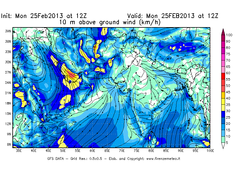 Mappa di analisi GFS - Velocità del vento a 10 metri dal suolo [km/h] in Asia Sud-Occidentale
									del 25/02/2013 12 <!--googleoff: index-->UTC<!--googleon: index-->