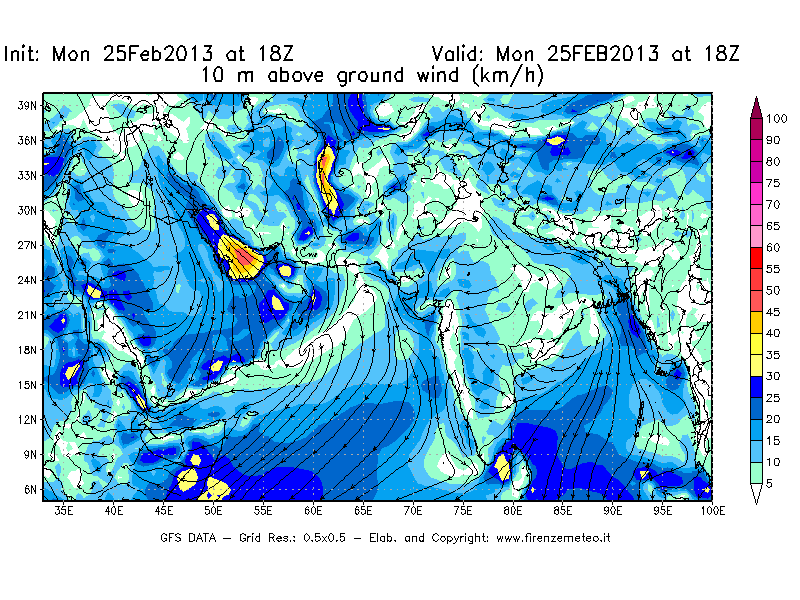 Mappa di analisi GFS - Velocità del vento a 10 metri dal suolo [km/h] in Asia Sud-Occidentale
									del 25/02/2013 18 <!--googleoff: index-->UTC<!--googleon: index-->