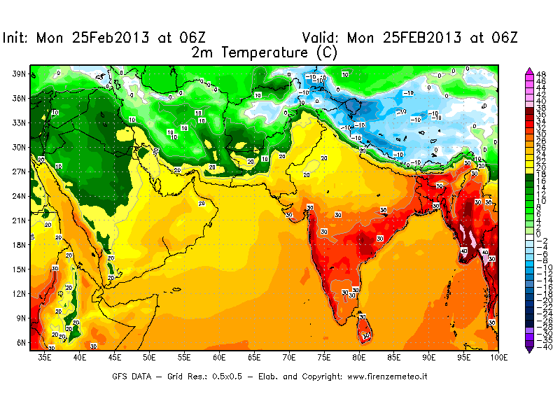 Mappa di analisi GFS - Temperatura a 2 metri dal suolo [°C] in Asia Sud-Occidentale
									del 25/02/2013 06 <!--googleoff: index-->UTC<!--googleon: index-->