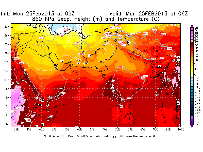 Mappa di analisi GFS - Geopotenziale [m] e Temperatura [°C] a 850 hPa in Asia Sud-Occidentale
									del 25/02/2013 06 <!--googleoff: index-->UTC<!--googleon: index-->