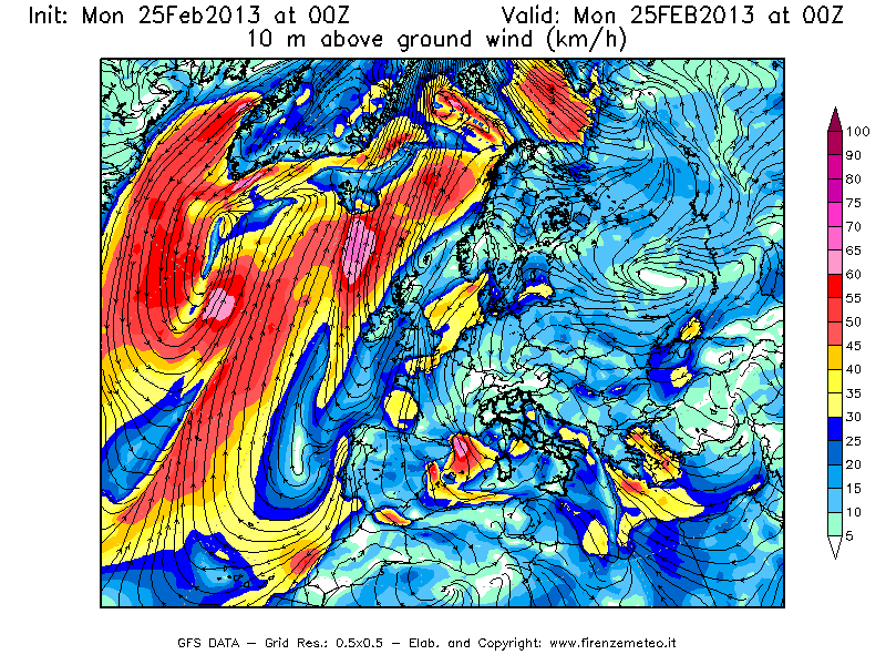 Mappa di analisi GFS - Velocità del vento a 10 metri dal suolo [km/h] in Europa
									del 25/02/2013 00 <!--googleoff: index-->UTC<!--googleon: index-->