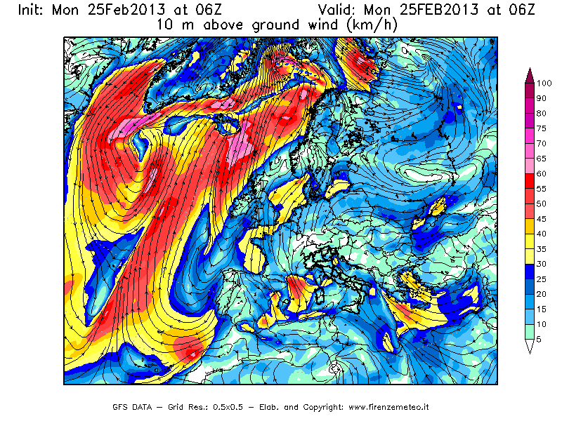 Mappa di analisi GFS - Velocità del vento a 10 metri dal suolo [km/h] in Europa
							del 25/02/2013 06 <!--googleoff: index-->UTC<!--googleon: index-->