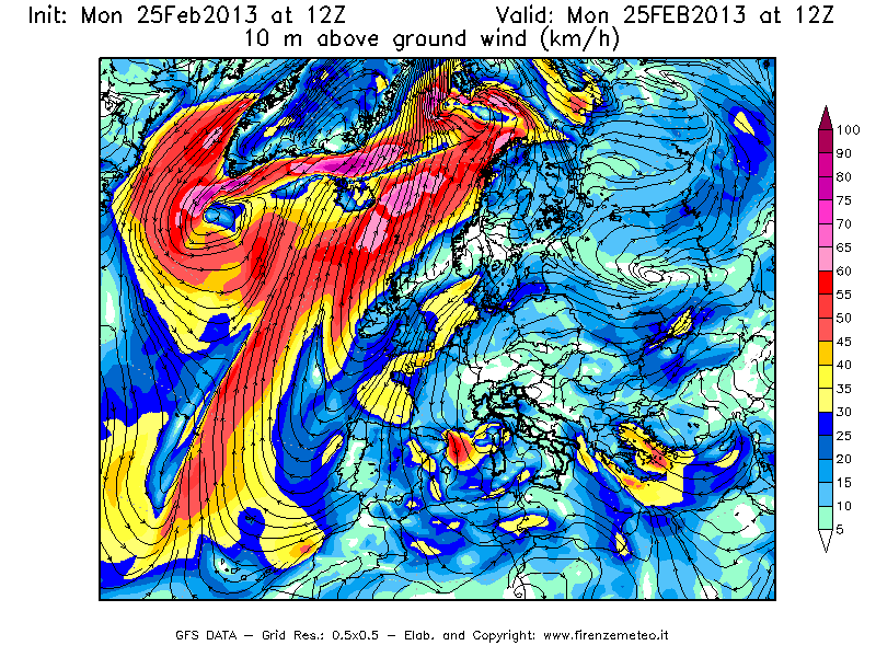 Mappa di analisi GFS - Velocità del vento a 10 metri dal suolo [km/h] in Europa
									del 25/02/2013 12 <!--googleoff: index-->UTC<!--googleon: index-->