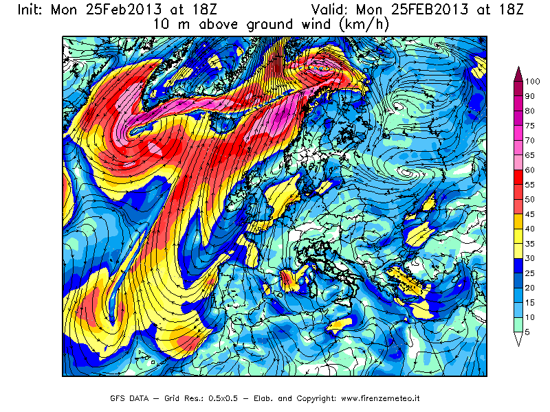 Mappa di analisi GFS - Velocità del vento a 10 metri dal suolo [km/h] in Europa
							del 25/02/2013 18 <!--googleoff: index-->UTC<!--googleon: index-->