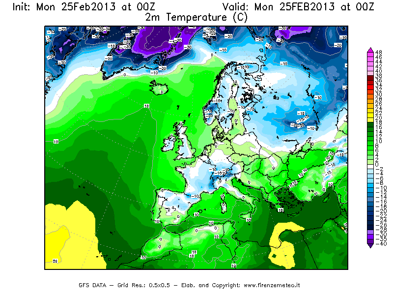 Mappa di analisi GFS - Temperatura a 2 metri dal suolo [°C] in Europa
									del 25/02/2013 00 <!--googleoff: index-->UTC<!--googleon: index-->