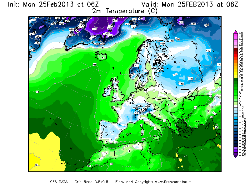 Mappa di analisi GFS - Temperatura a 2 metri dal suolo [°C] in Europa
									del 25/02/2013 06 <!--googleoff: index-->UTC<!--googleon: index-->