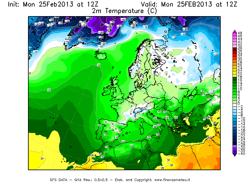 Mappa di analisi GFS - Temperatura a 2 metri dal suolo [°C] in Europa
									del 25/02/2013 12 <!--googleoff: index-->UTC<!--googleon: index-->