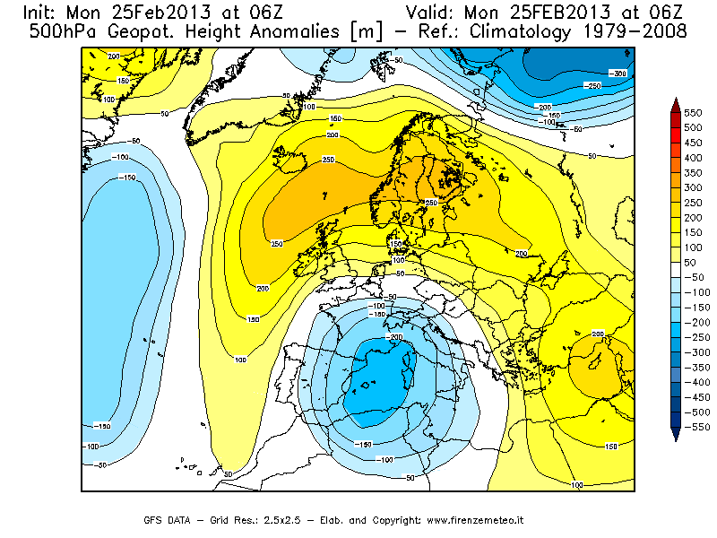 Mappa di analisi GFS - Anomalia di Geopotenziale a 500 hPa in Europa
							del 25/02/2013 06 <!--googleoff: index-->UTC<!--googleon: index-->