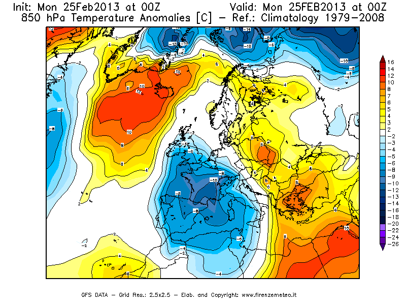 Mappa di analisi GFS - Anomalia Temperatura [°C] a 850 hPa in Europa
									del 25/02/2013 00 <!--googleoff: index-->UTC<!--googleon: index-->