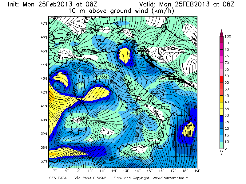 Mappa di analisi GFS - Velocità del vento a 10 metri dal suolo [km/h] in Italia
									del 25/02/2013 06 <!--googleoff: index-->UTC<!--googleon: index-->