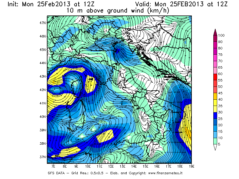 Mappa di analisi GFS - Velocità del vento a 10 metri dal suolo [km/h] in Italia
							del 25/02/2013 12 <!--googleoff: index-->UTC<!--googleon: index-->
