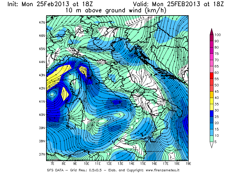 Mappa di analisi GFS - Velocità del vento a 10 metri dal suolo [km/h] in Italia
									del 25/02/2013 18 <!--googleoff: index-->UTC<!--googleon: index-->