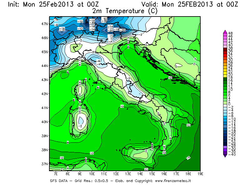 Mappa di analisi GFS - Temperatura a 2 metri dal suolo [°C] in Italia
									del 25/02/2013 00 <!--googleoff: index-->UTC<!--googleon: index-->