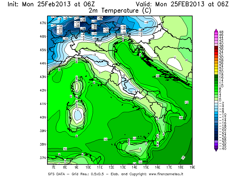 Mappa di analisi GFS - Temperatura a 2 metri dal suolo [°C] in Italia
							del 25/02/2013 06 <!--googleoff: index-->UTC<!--googleon: index-->