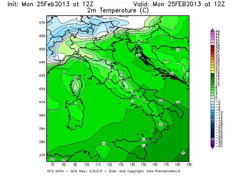 Mappa di analisi GFS - Temperatura a 2 metri dal suolo [°C] in Italia
									del 25/02/2013 12 <!--googleoff: index-->UTC<!--googleon: index-->