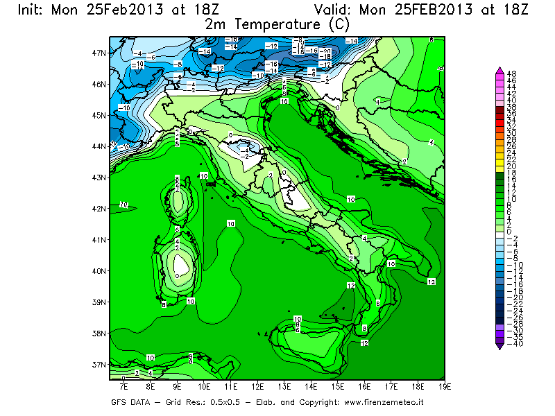 Mappa di analisi GFS - Temperatura a 2 metri dal suolo [°C] in Italia
									del 25/02/2013 18 <!--googleoff: index-->UTC<!--googleon: index-->