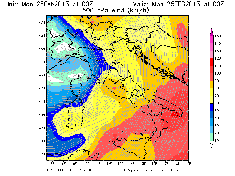 Mappa di analisi GFS - Velocità del vento a 500 hPa [km/h] in Italia
							del 25/02/2013 00 <!--googleoff: index-->UTC<!--googleon: index-->