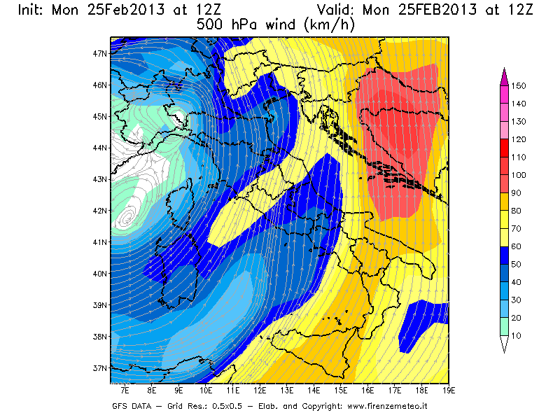 Mappa di analisi GFS - Velocità del vento a 500 hPa [km/h] in Italia
									del 25/02/2013 12 <!--googleoff: index-->UTC<!--googleon: index-->