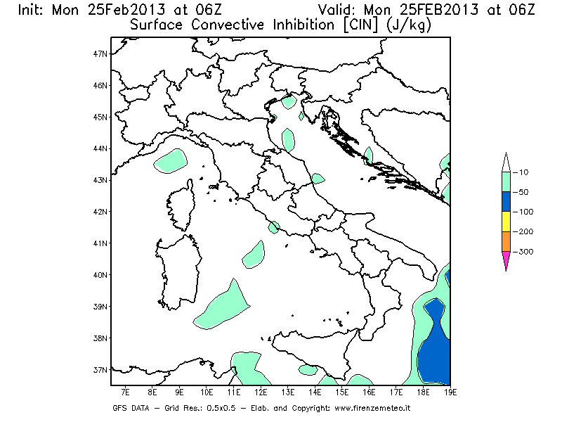Mappa di analisi GFS - CIN [J/kg] in Italia
									del 25/02/2013 06 <!--googleoff: index-->UTC<!--googleon: index-->
