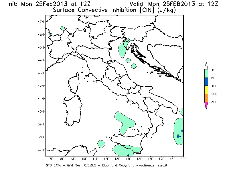 Mappa di analisi GFS - CIN [J/kg] in Italia
									del 25/02/2013 12 <!--googleoff: index-->UTC<!--googleon: index-->