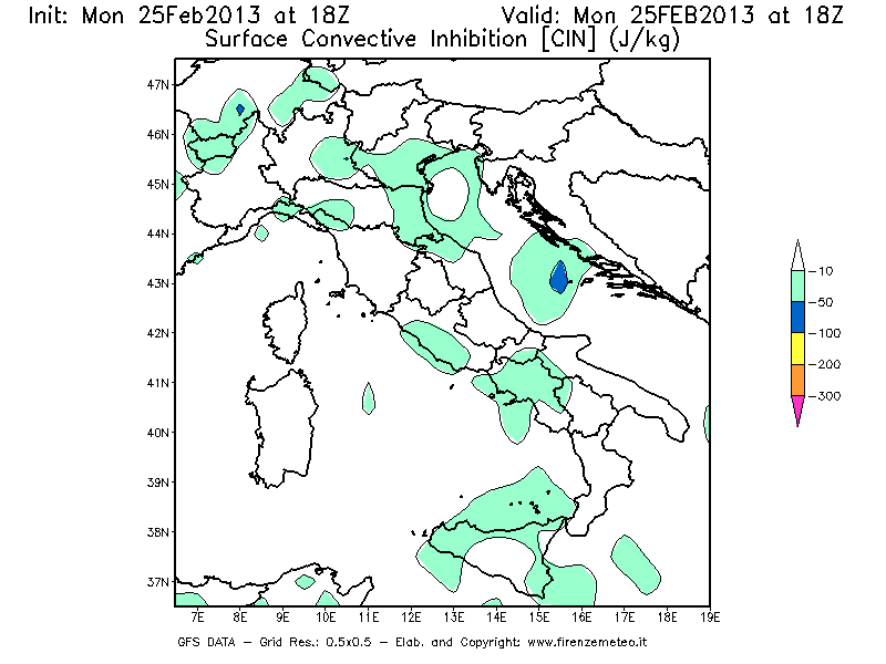Mappa di analisi GFS - CIN [J/kg] in Italia
							del 25/02/2013 18 <!--googleoff: index-->UTC<!--googleon: index-->