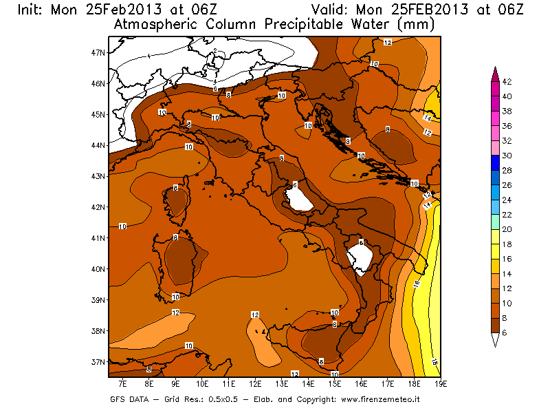 Mappa di analisi GFS - Precipitable Water [mm] in Italia
									del 25/02/2013 06 <!--googleoff: index-->UTC<!--googleon: index-->