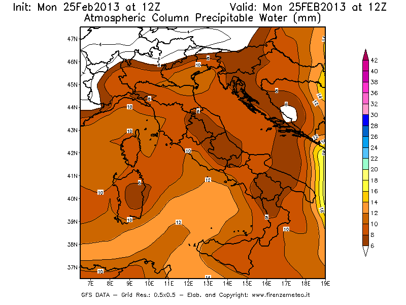 Mappa di analisi GFS - Precipitable Water [mm] in Italia
									del 25/02/2013 12 <!--googleoff: index-->UTC<!--googleon: index-->