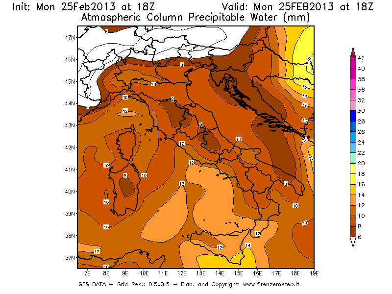Mappa di analisi GFS - Precipitable Water [mm] in Italia
									del 25/02/2013 18 <!--googleoff: index-->UTC<!--googleon: index-->