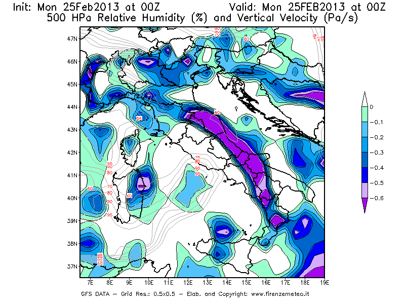 Mappa di analisi GFS - Umidità relativa [%] e Omega [Pa/s] a 500 hPa in Italia
							del 25/02/2013 00 <!--googleoff: index-->UTC<!--googleon: index-->