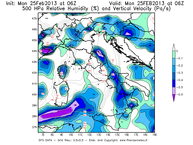 Mappa di analisi GFS - Umidità relativa [%] e Omega [Pa/s] a 500 hPa in Italia
							del 25/02/2013 06 <!--googleoff: index-->UTC<!--googleon: index-->