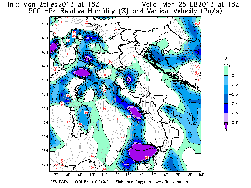 Mappa di analisi GFS - Umidità relativa [%] e Omega [Pa/s] a 500 hPa in Italia
									del 25/02/2013 18 <!--googleoff: index-->UTC<!--googleon: index-->