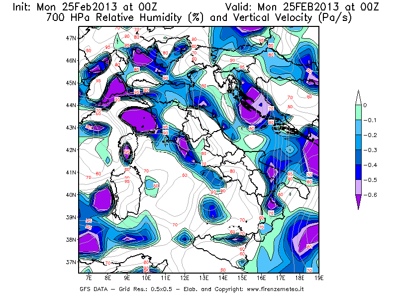 Mappa di analisi GFS - Umidità relativa [%] e Omega [Pa/s] a 700 hPa in Italia
							del 25/02/2013 00 <!--googleoff: index-->UTC<!--googleon: index-->