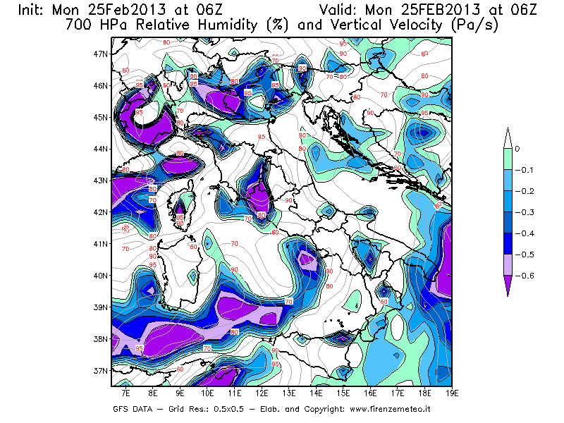 Mappa di analisi GFS - Umidità relativa [%] e Omega [Pa/s] a 700 hPa in Italia
							del 25/02/2013 06 <!--googleoff: index-->UTC<!--googleon: index-->
