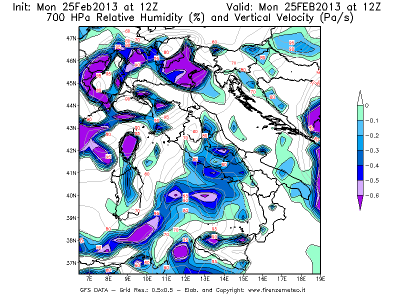 Mappa di analisi GFS - Umidità relativa [%] e Omega [Pa/s] a 700 hPa in Italia
									del 25/02/2013 12 <!--googleoff: index-->UTC<!--googleon: index-->